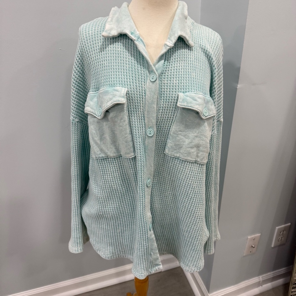 Bucket List Light Blue Waffle Knit Button-Up Shirt